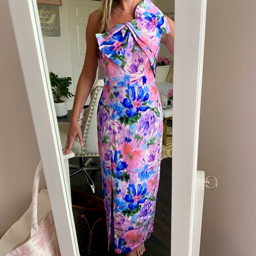 Shoshanna One Shoulder Bow Floral Midi Dress Lavender